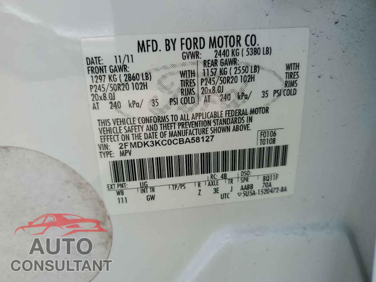 FORD EDGE 2012 - 2FMDK3KC0CBA58127