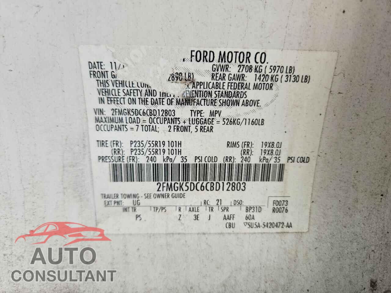 FORD FLEX 2012 - 2FMGK5DC6CBD12803