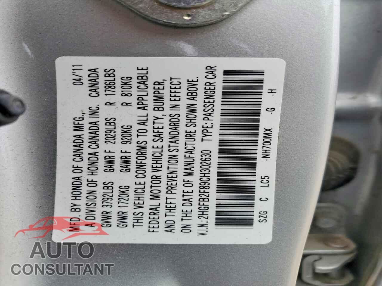 HONDA CIVIC 2012 - 2HGFB2F89CH302630