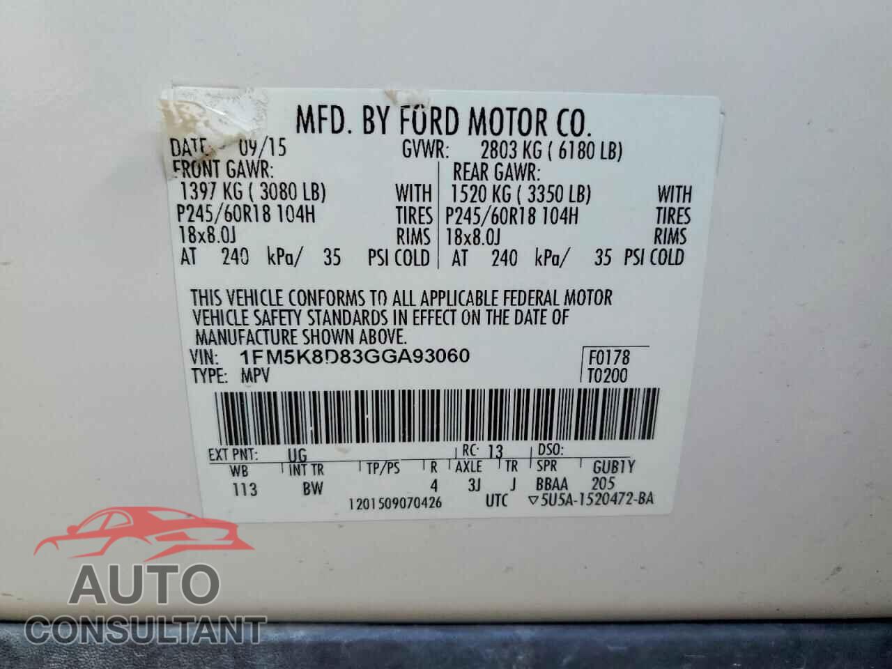 FORD EXPLORER 2016 - 1FM5K8D83GGA93060