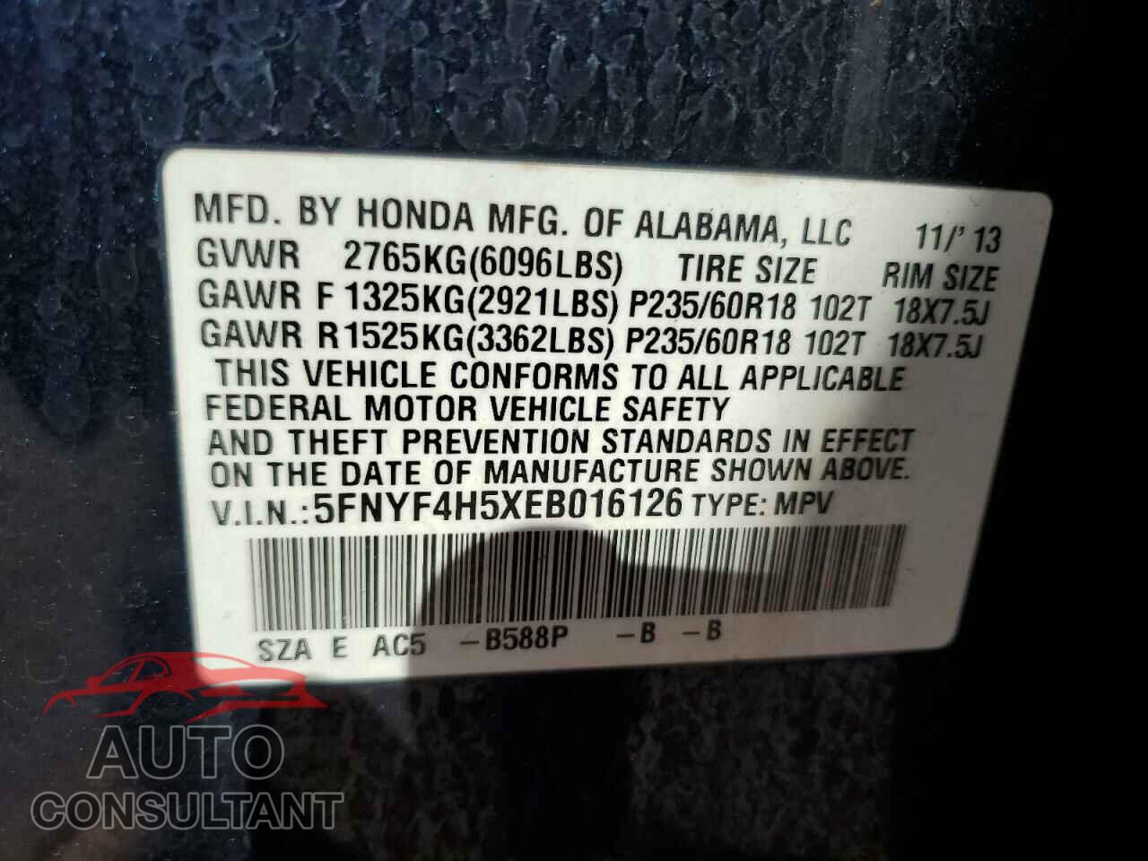 HONDA PILOT 2014 - 5FNYF4H5XEB016126