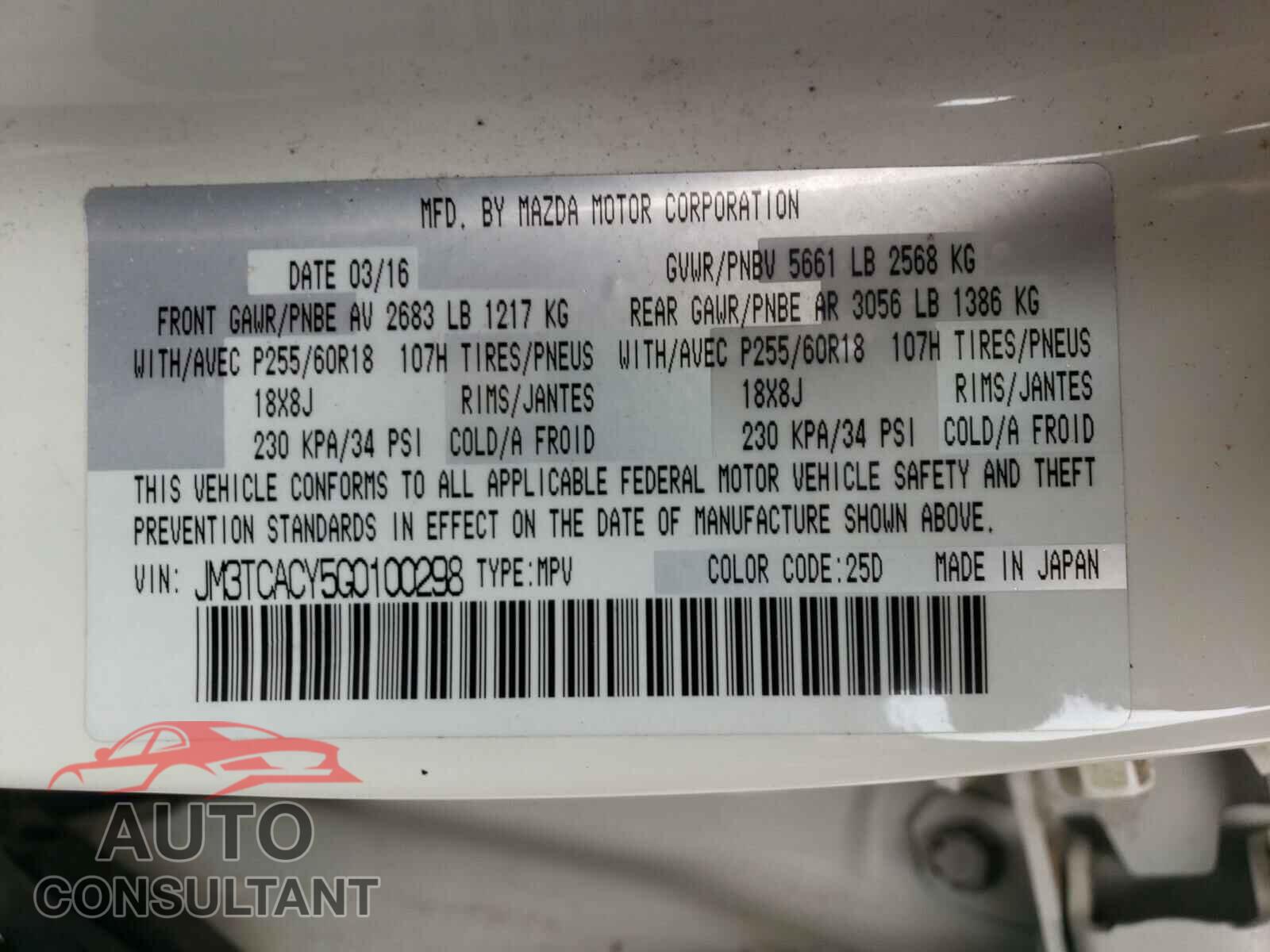 MAZDA CX-9 2016 - JM3TCACY5G0100298