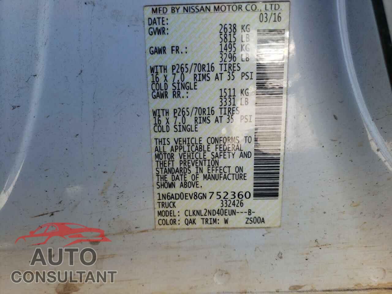 NISSAN FRONTIER 2016 - 1N6AD0EV8GN752360