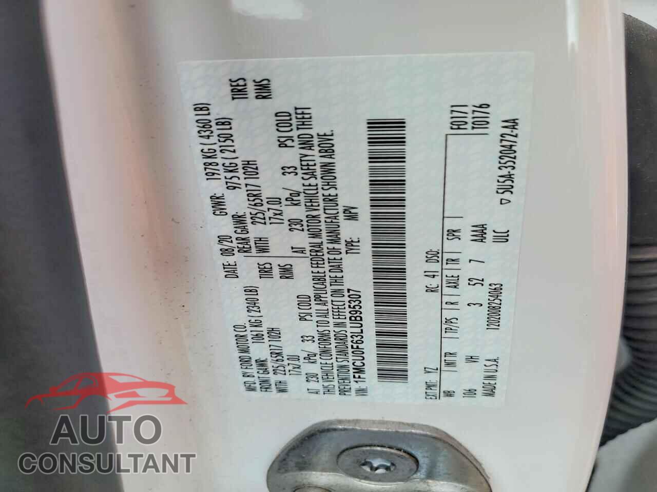 FORD ESCAPE 2020 - 1FMCU0F63LUB95307