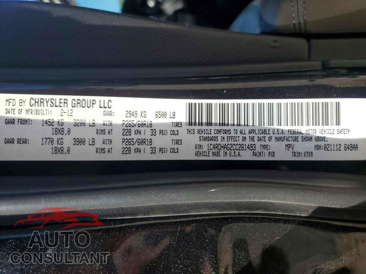 DODGE DURANGO 2012 - 1C4RDHAG2CC261493
