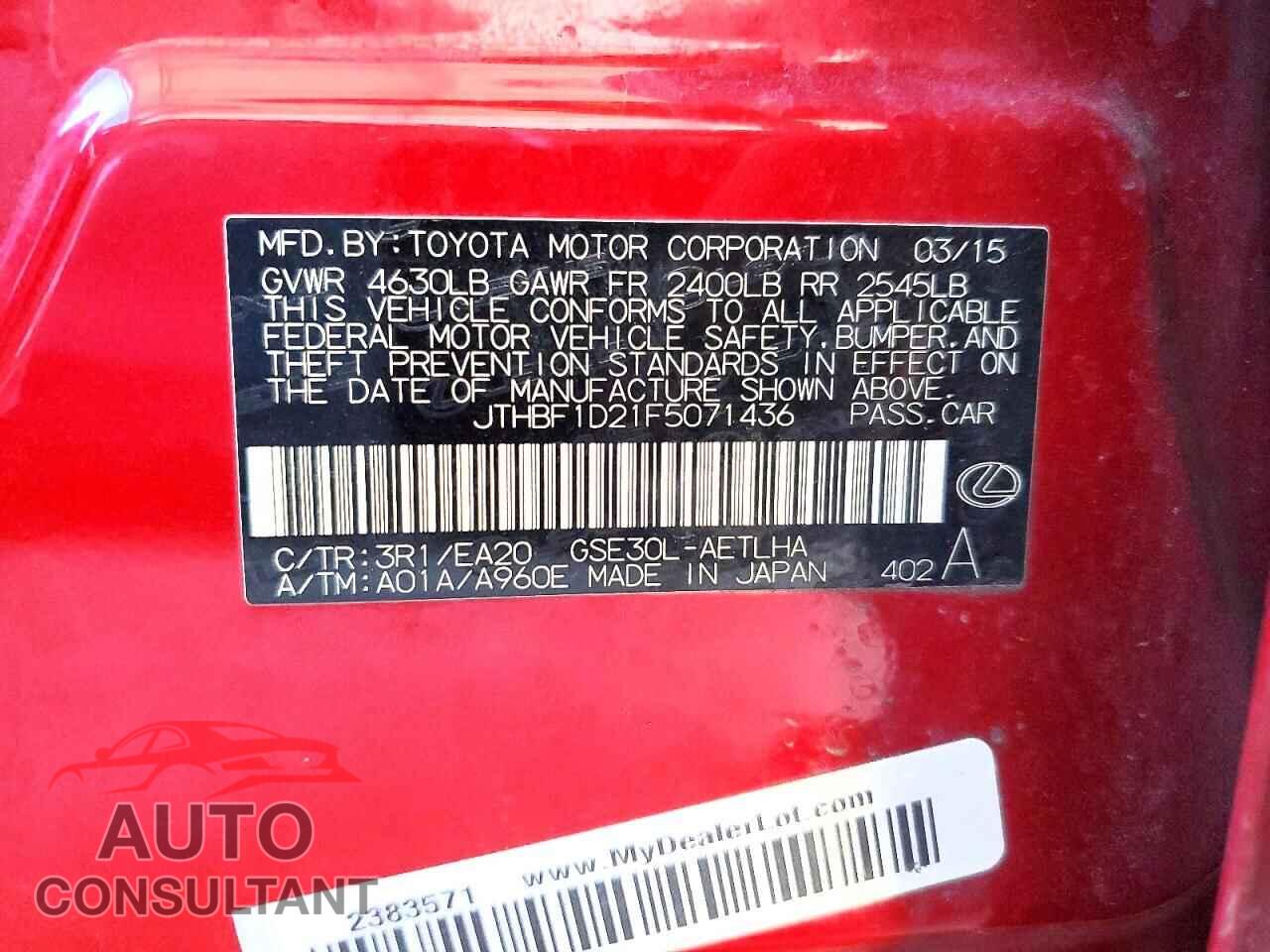 LEXUS IS 2015 - JTHBF1D21F5071436