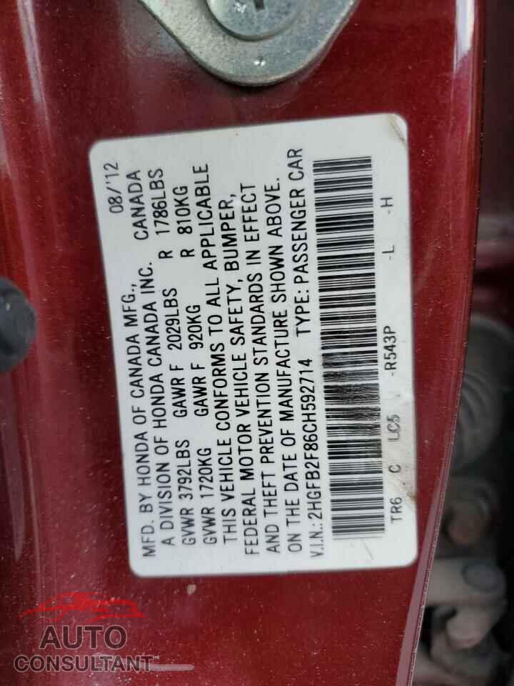 HONDA CIVIC 2012 - 2HGFB2F86CH592714