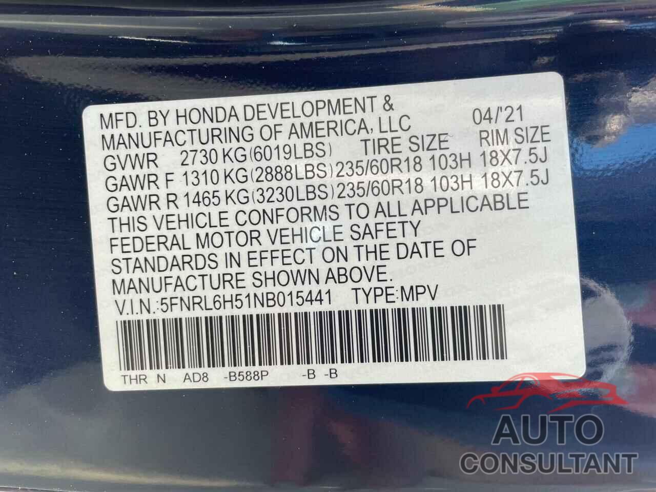 HONDA All Models 2022 - 5FNRL6H51NB015441