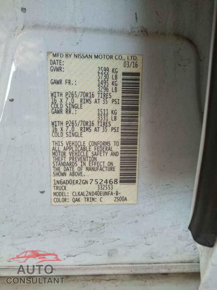 NISSAN FRONTIER 2016 - 1N6AD0ER2GN752468