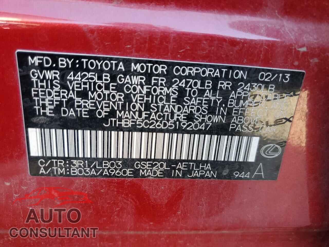 LEXUS IS 2013 - JTHBF5C26D5192047