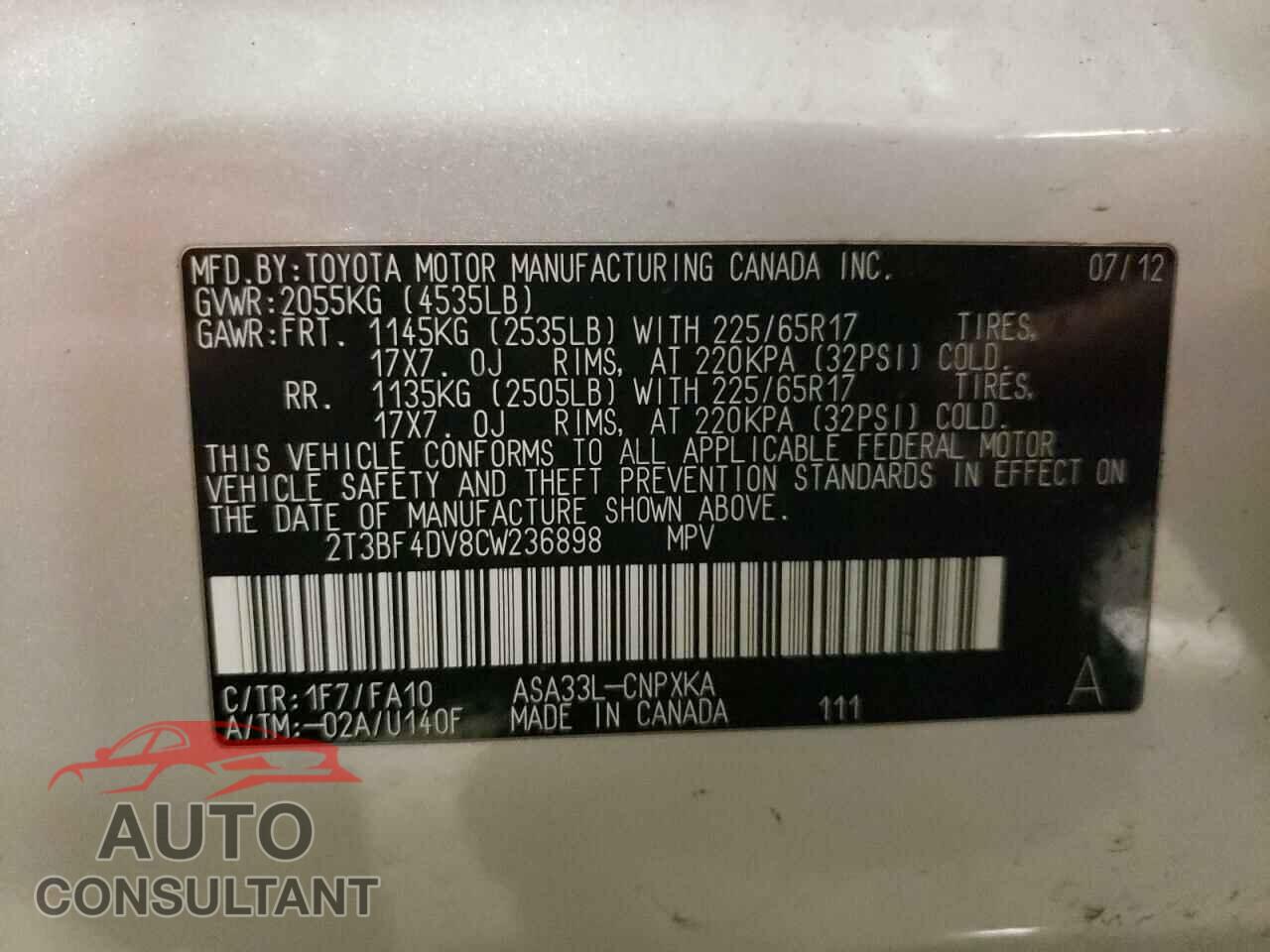 TOYOTA RAV4 2012 - 2T3BF4DV8CW236898