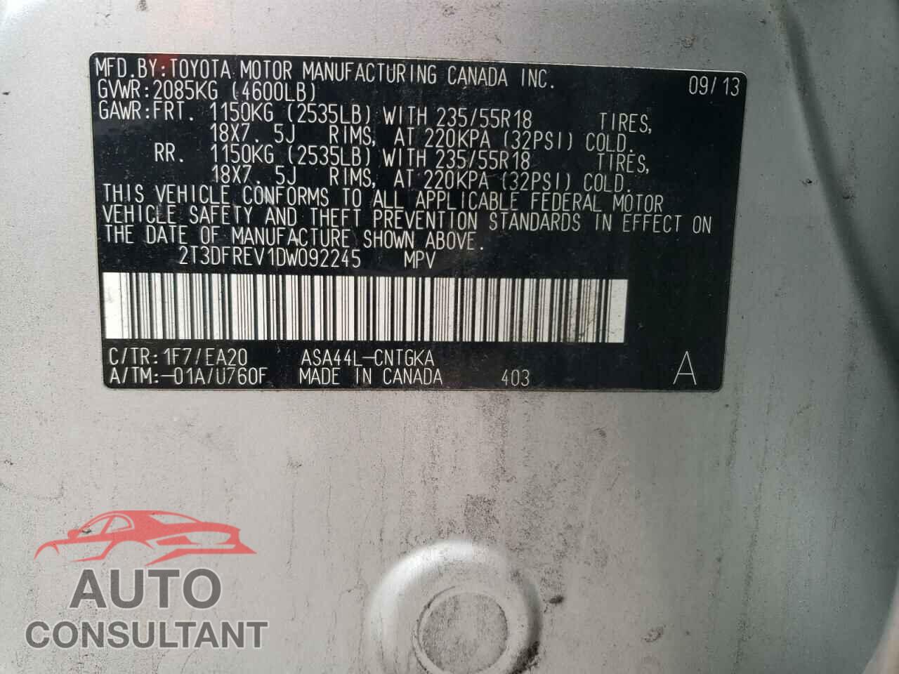 TOYOTA RAV4 2013 - 2T3DFREV1DW092245