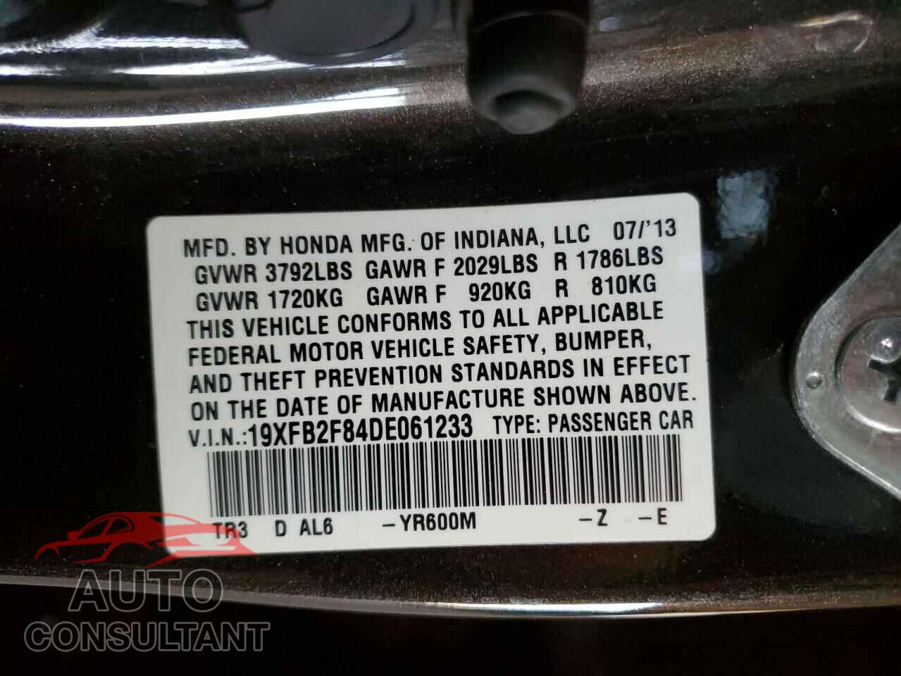 HONDA CIVIC 2013 - 19XFB2F84DE061233