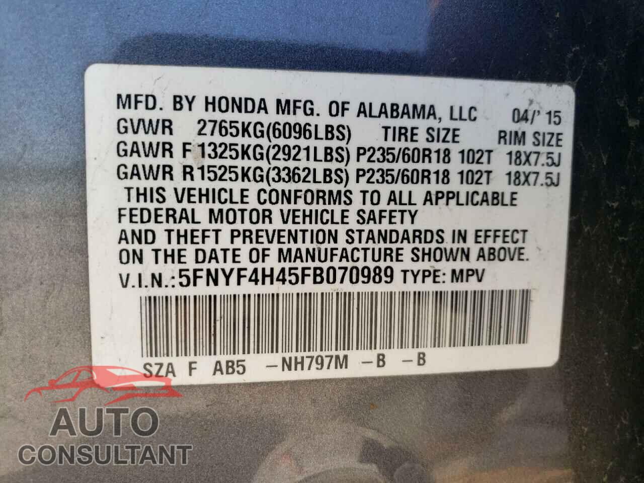 HONDA PILOT 2015 - 5FNYF4H45FB070989