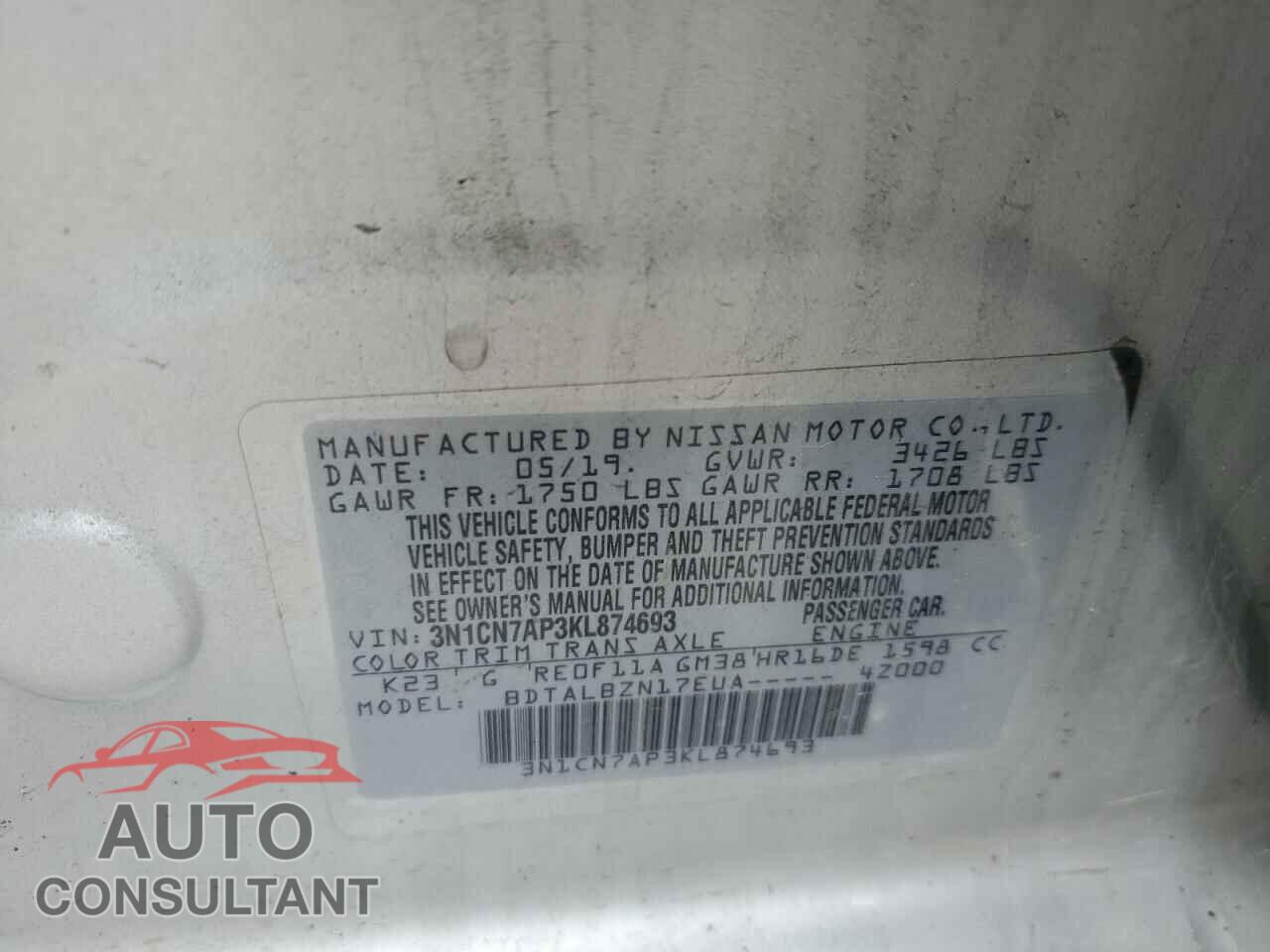 NISSAN VERSA 2019 - 3N1CN7AP3KL874693
