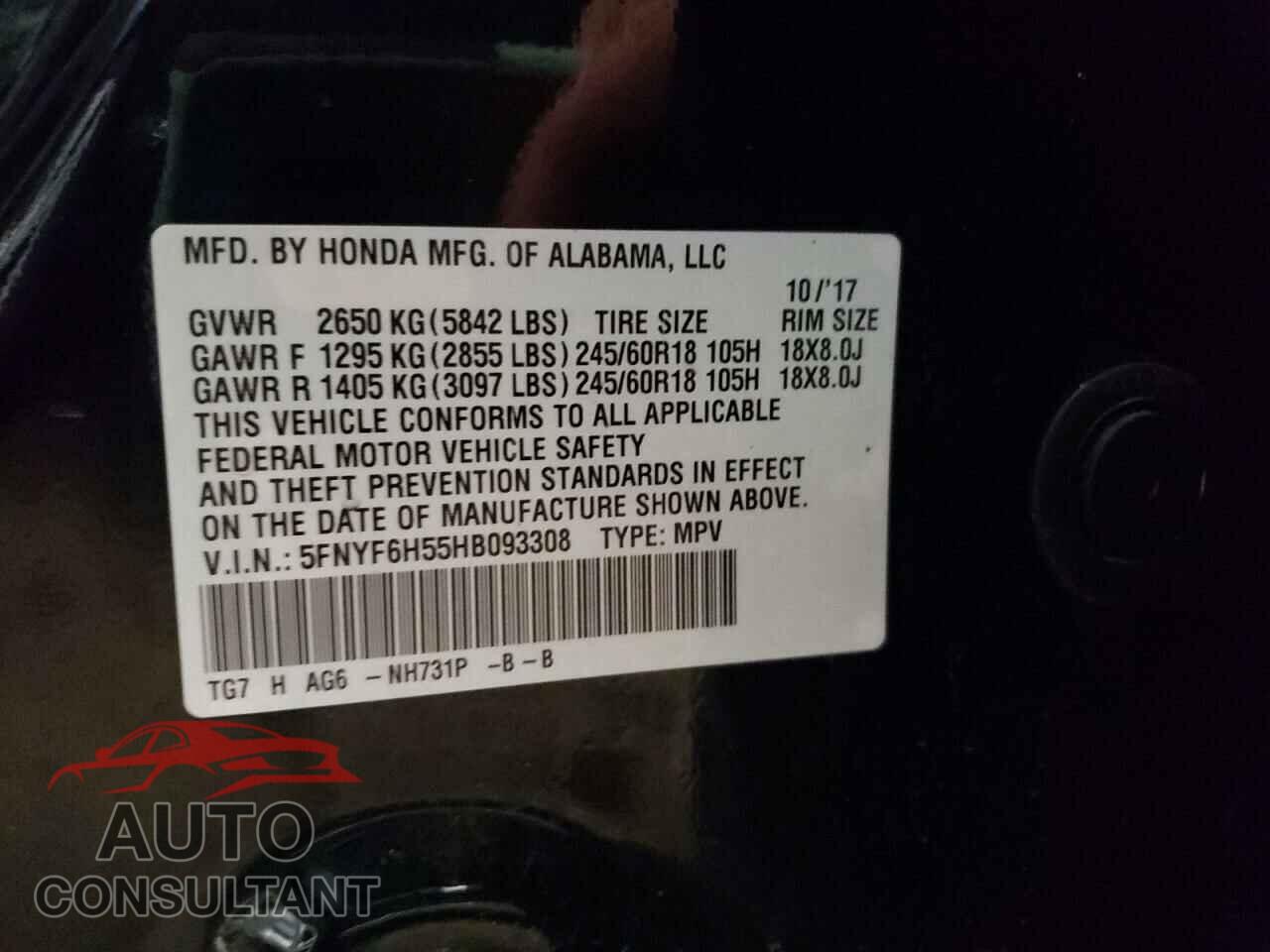 HONDA PILOT 2017 - 5FNYF6H55HB093308