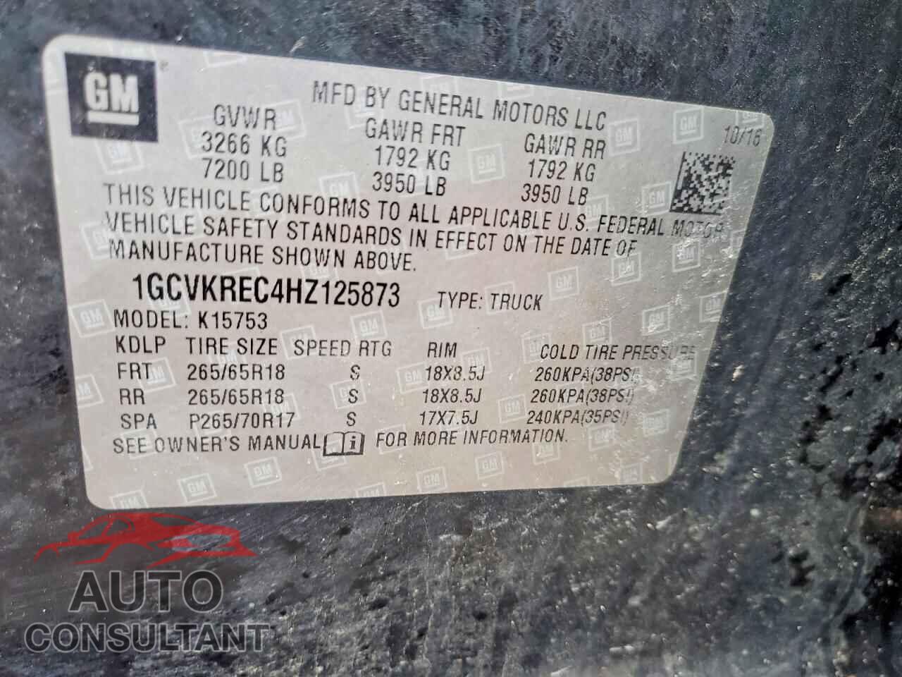 CHEVROLET SILVERADO 2017 - 1GCVKREC4HZ125873