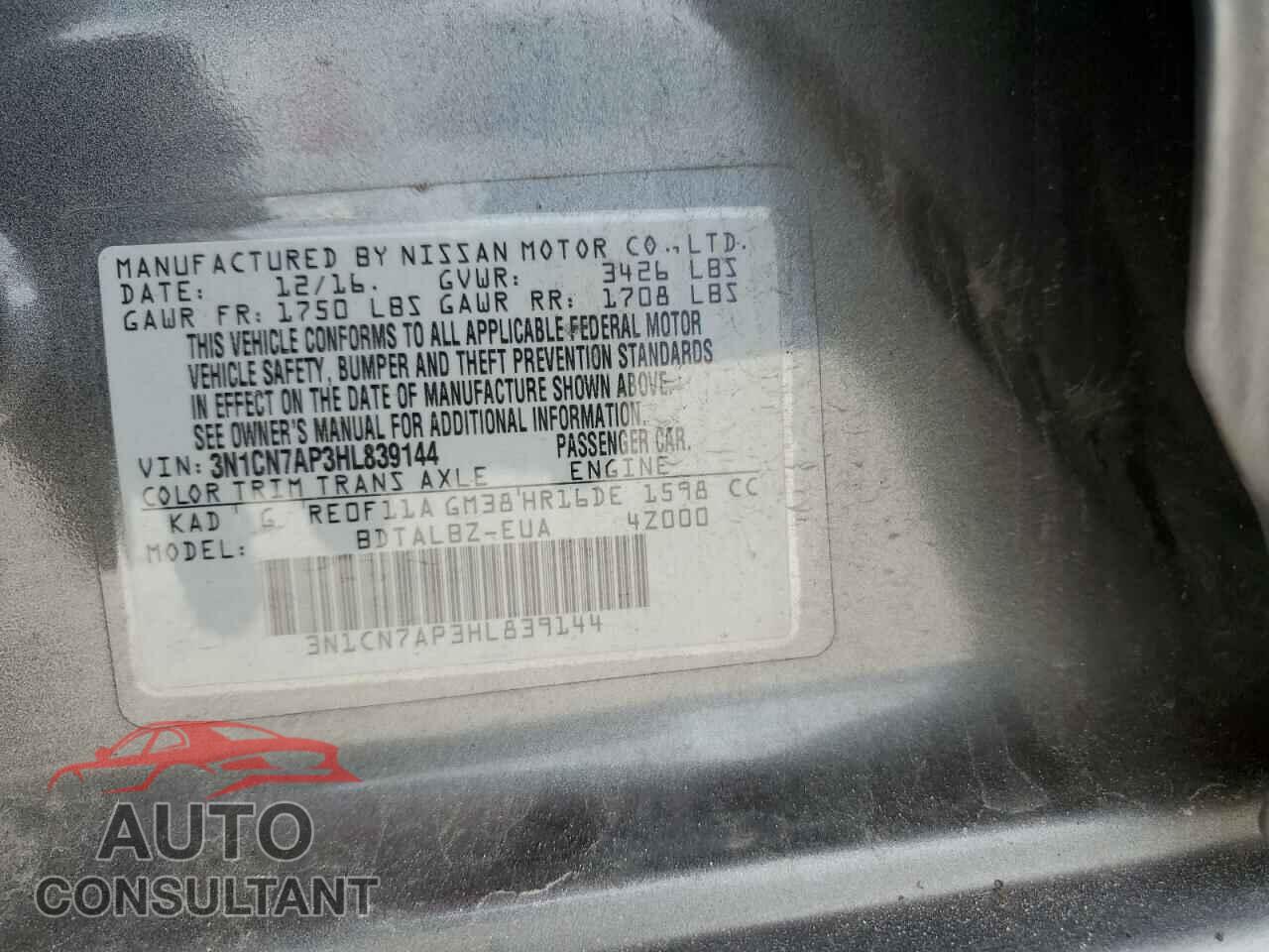 NISSAN VERSA 2017 - 3N1CN7AP3HL839144