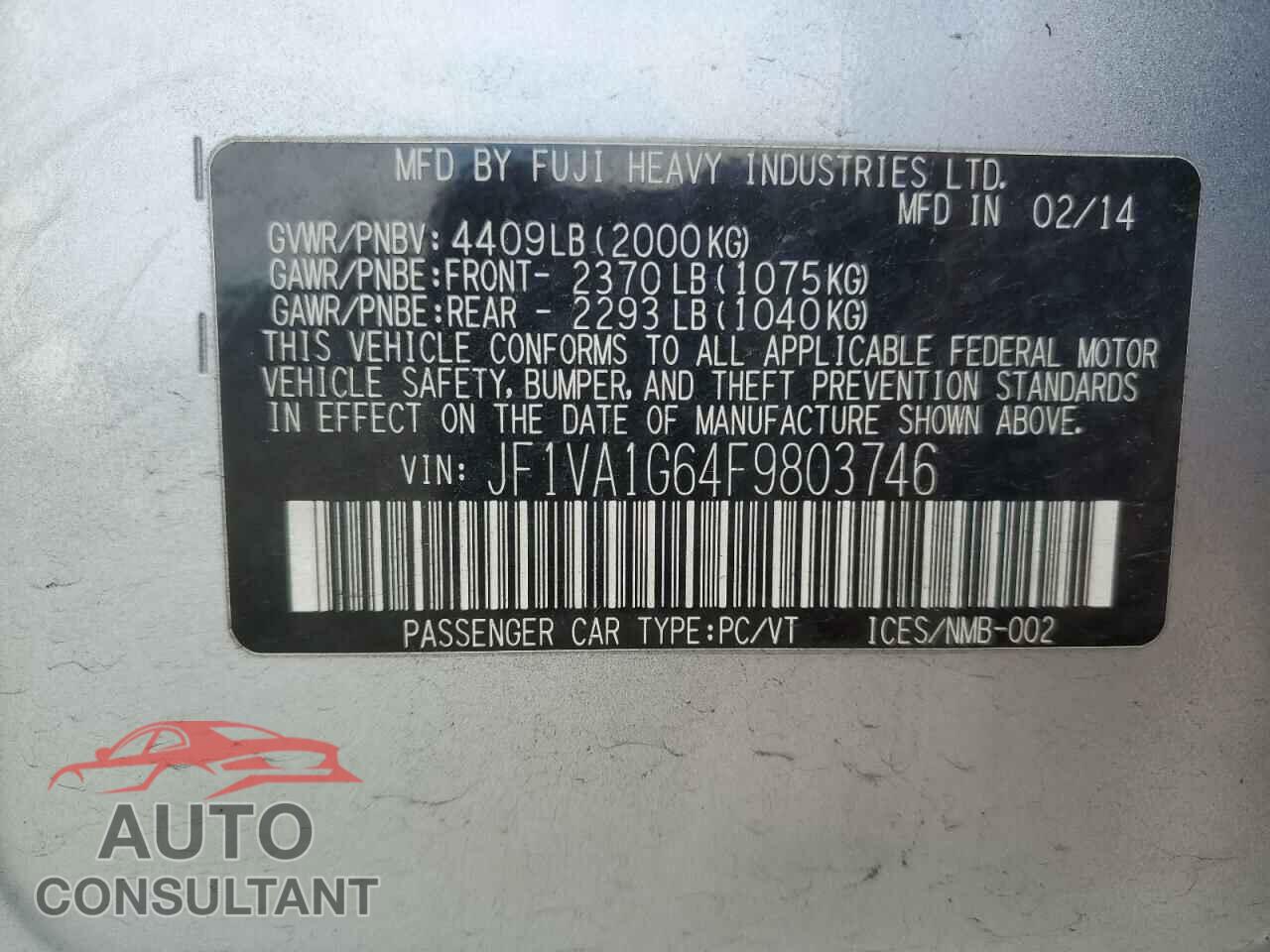 SUBARU WRX 2015 - JF1VA1G64F9803746