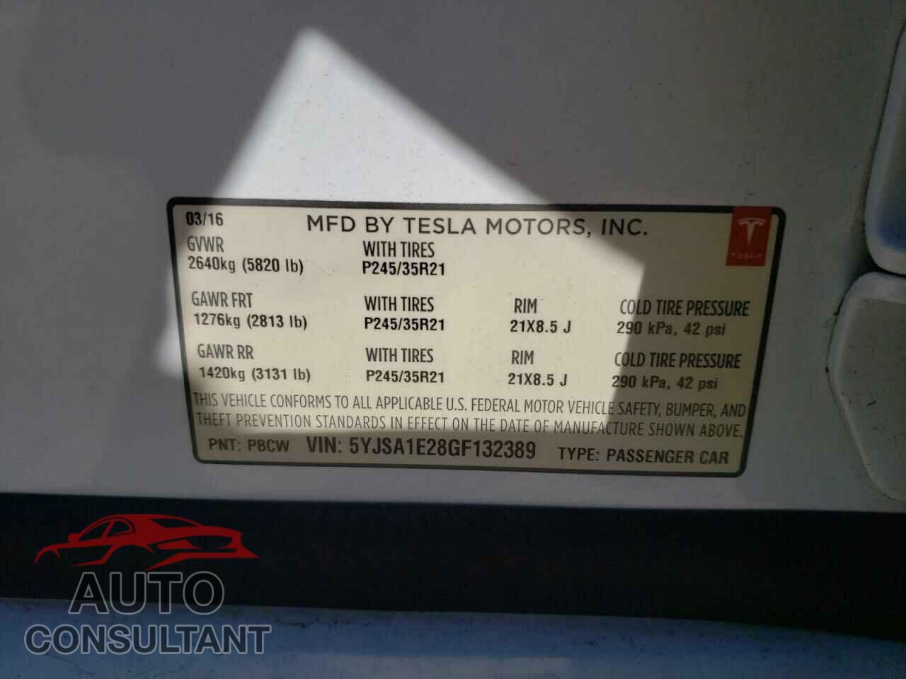 TESLA MODEL S 2016 - 5YJSA1E28GF132389