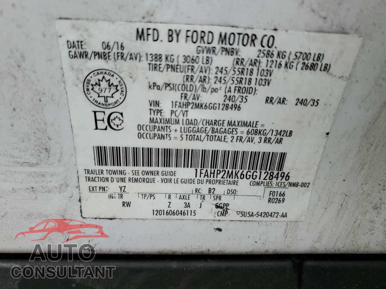 FORD TAURUS 2016 - 1FAHP2MK6GG128496