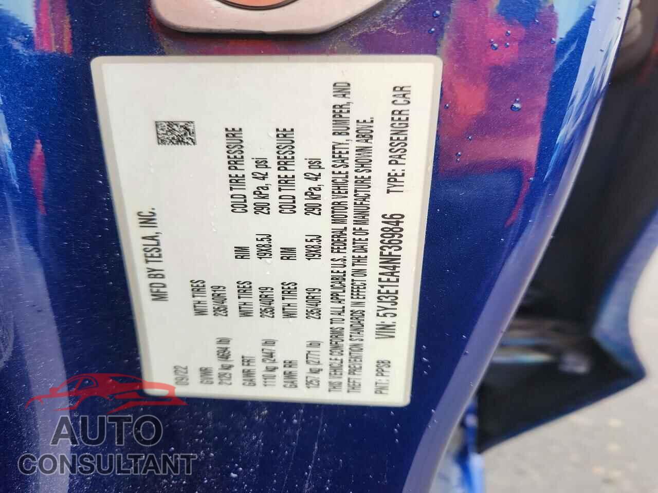 TESLA MODEL 3 2022 - 5YJ3E1EA4NF369846