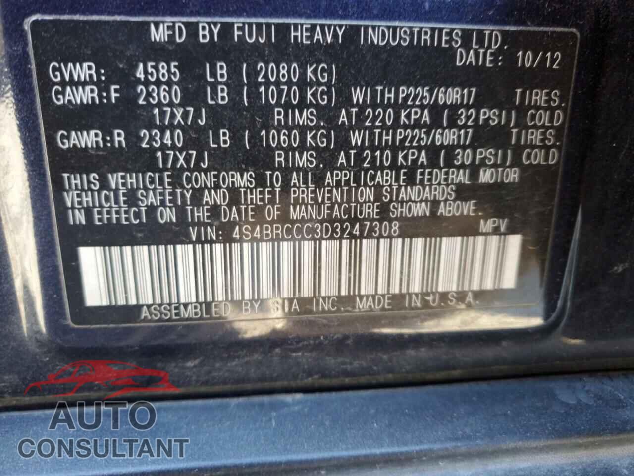 SUBARU OUTBACK 2013 - 4S4BRCCC3D3247308