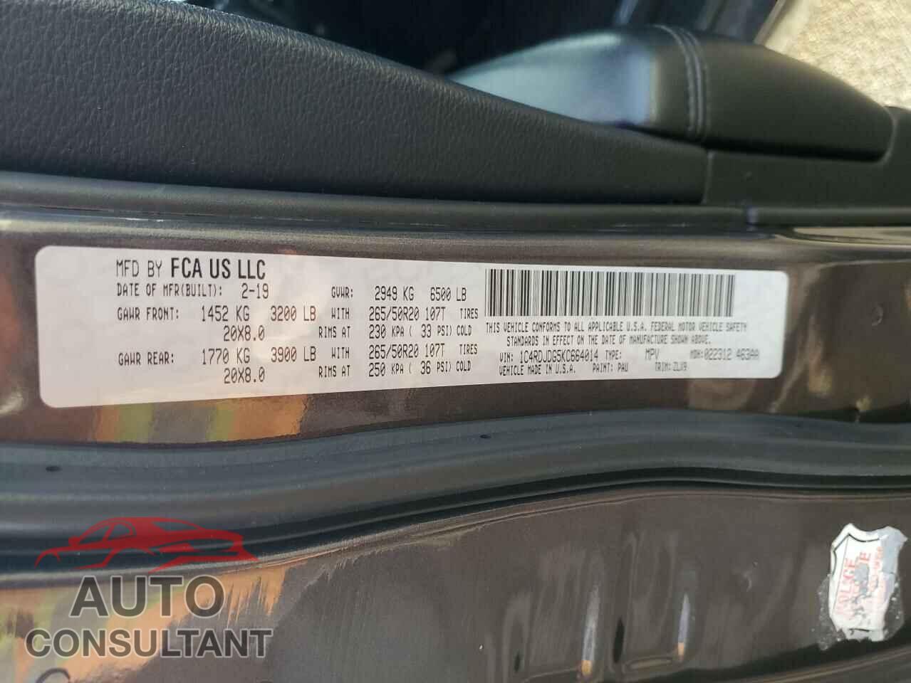 DODGE DURANGO 2019 - 1C4RDJDG5KC664014