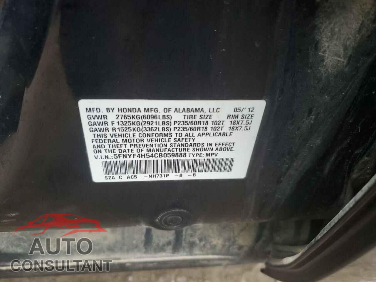HONDA PILOT 2012 - 5FNYF4H54CB059888
