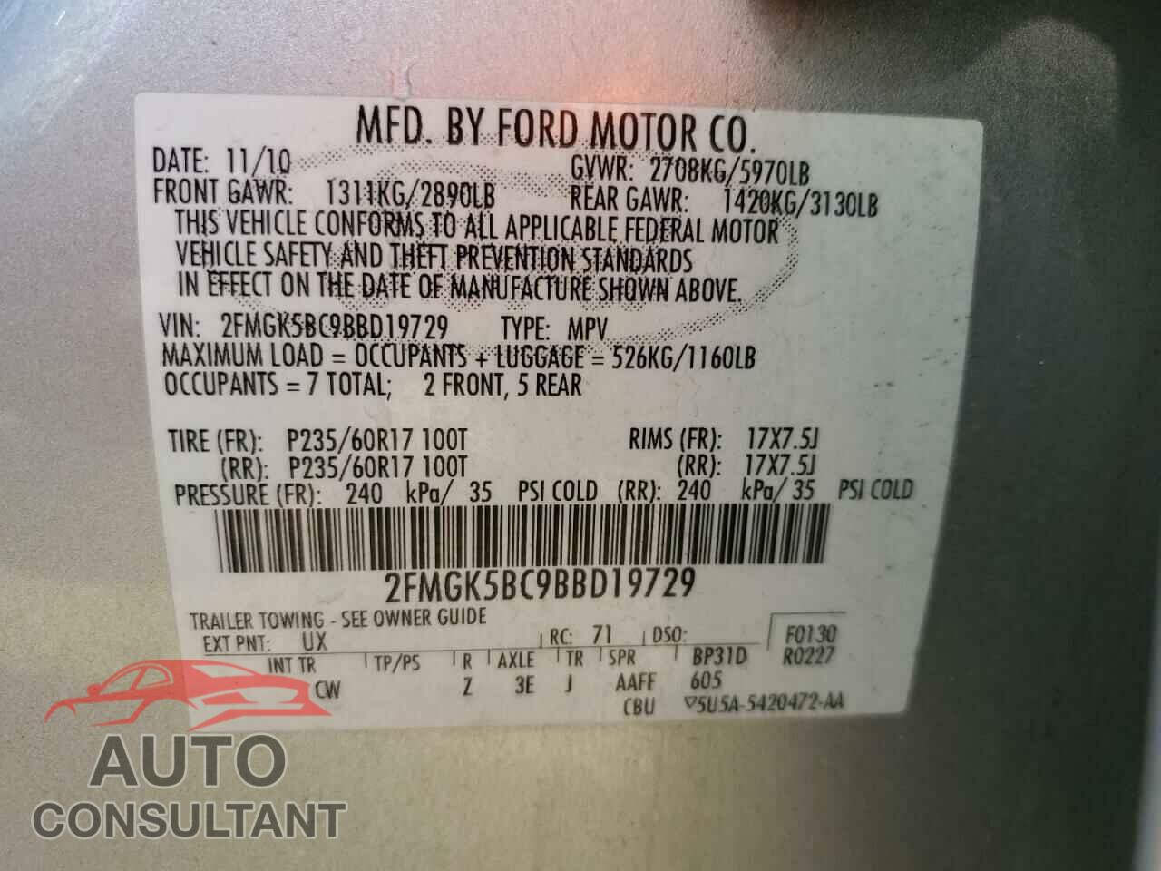 FORD FLEX 2011 - 2FMGK5BC9BBD19729