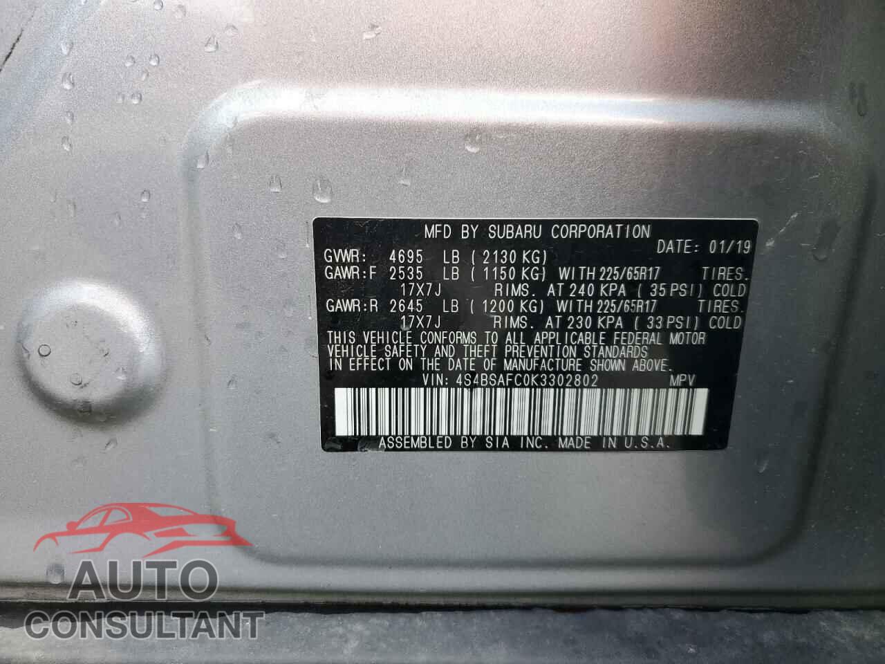 SUBARU OUTBACK 2019 - 4S4BSAFC0K3302802