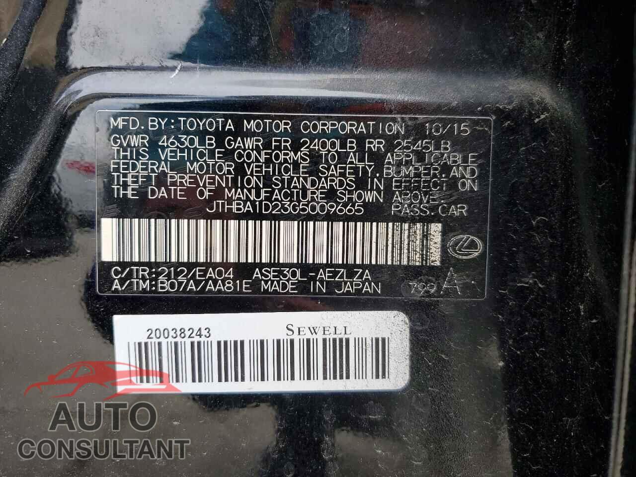 LEXUS IS 2016 - JTHBA1D23G5009665