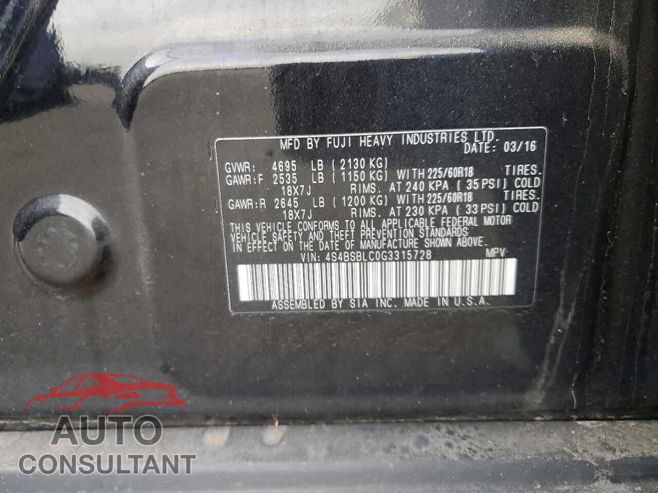 SUBARU OUTBACK 2016 - 4S4BSBLC0G3315728