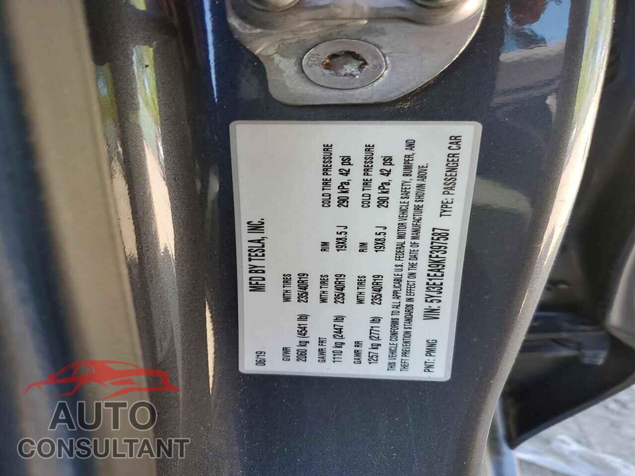 TESLA MODEL 3 2019 - 5YJ3E1EA9KF397587