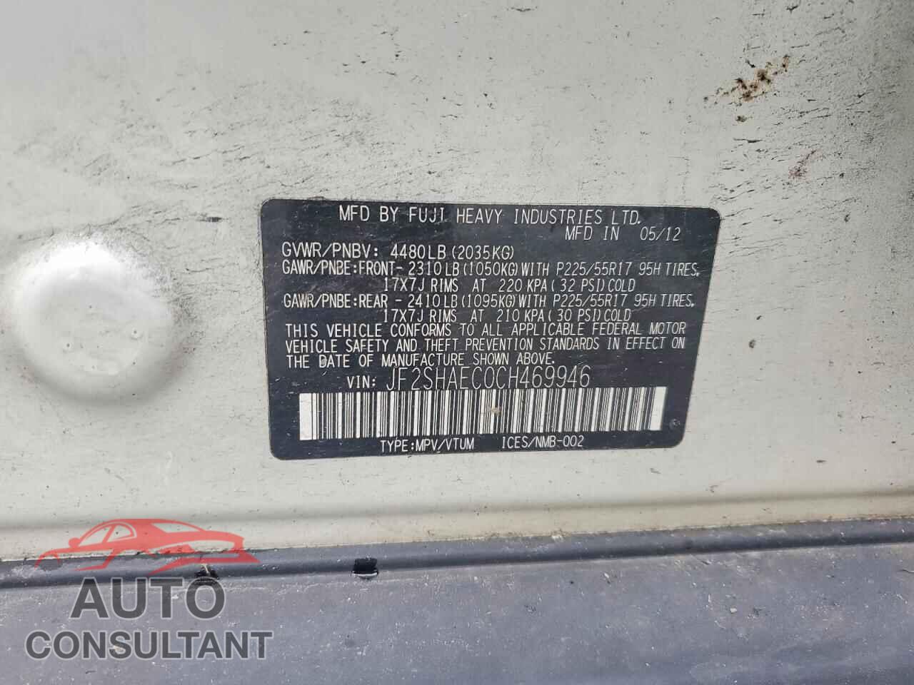 SUBARU FORESTER 2012 - JF2SHAEC0CH469946