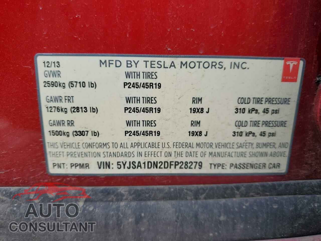 TESLA MODEL S 2013 - 5YJSA1DN2DFP28279