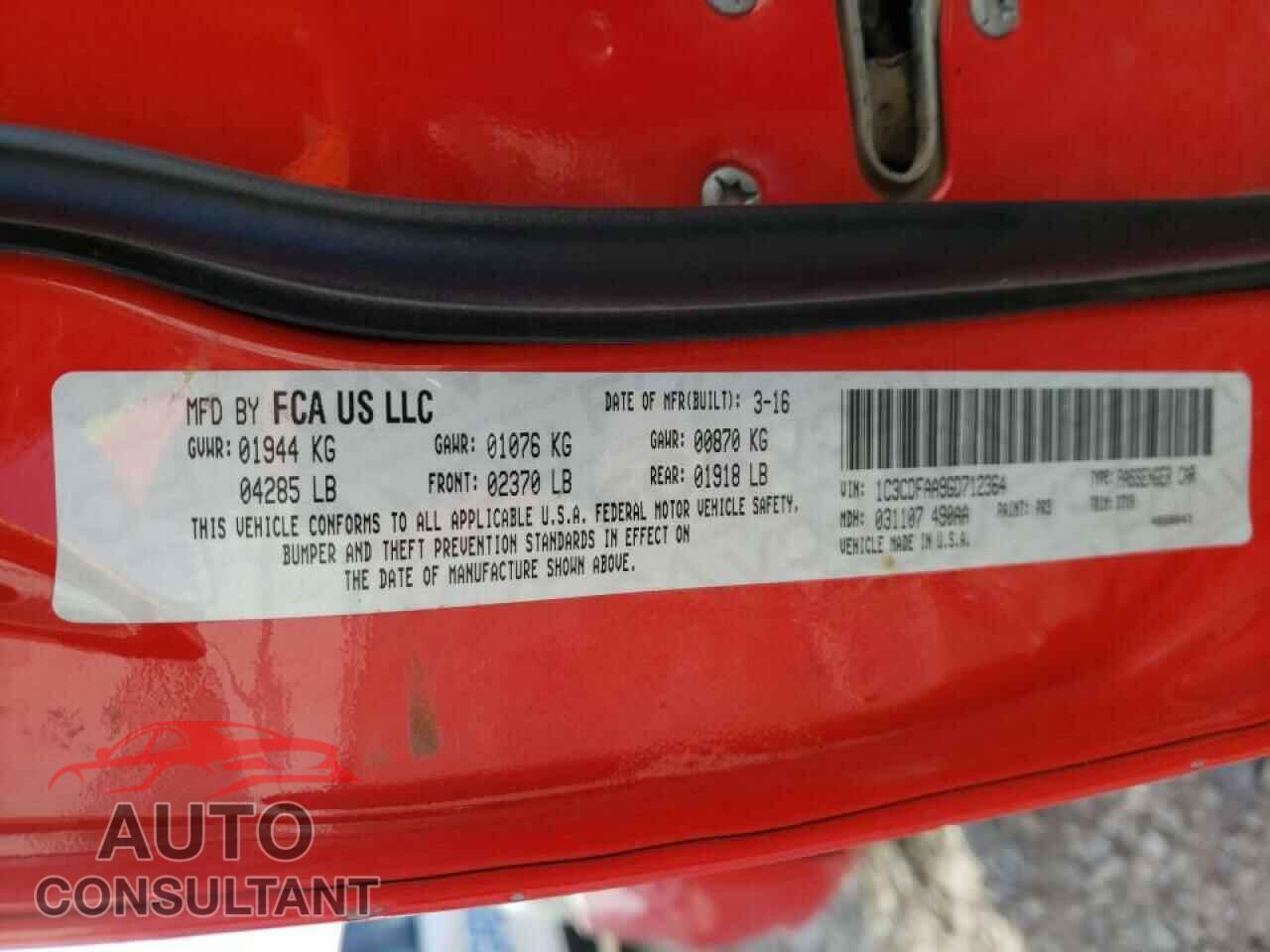 DODGE DART 2016 - 1C3CDFAA9GD712364