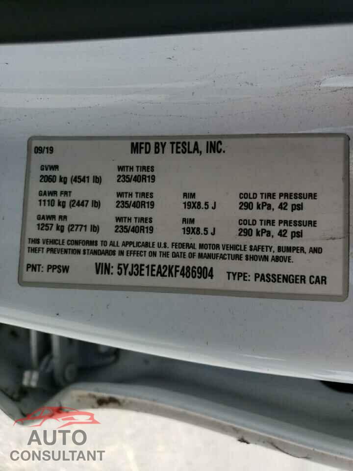 TESLA MODEL 3 2019 - 5YJ3E1EA2KF486904