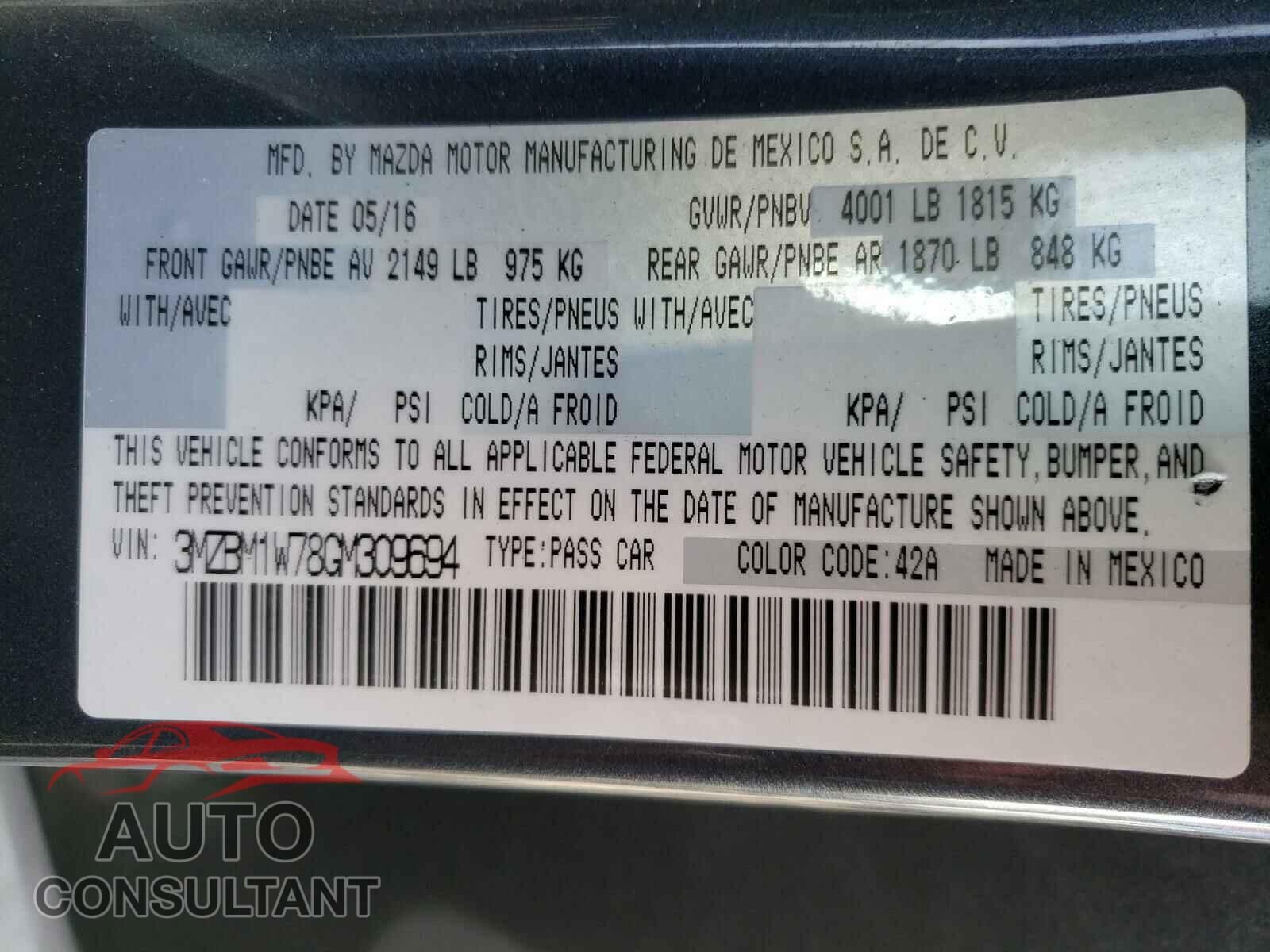 MAZDA 3 2016 - 3MZBM1W78GM309694