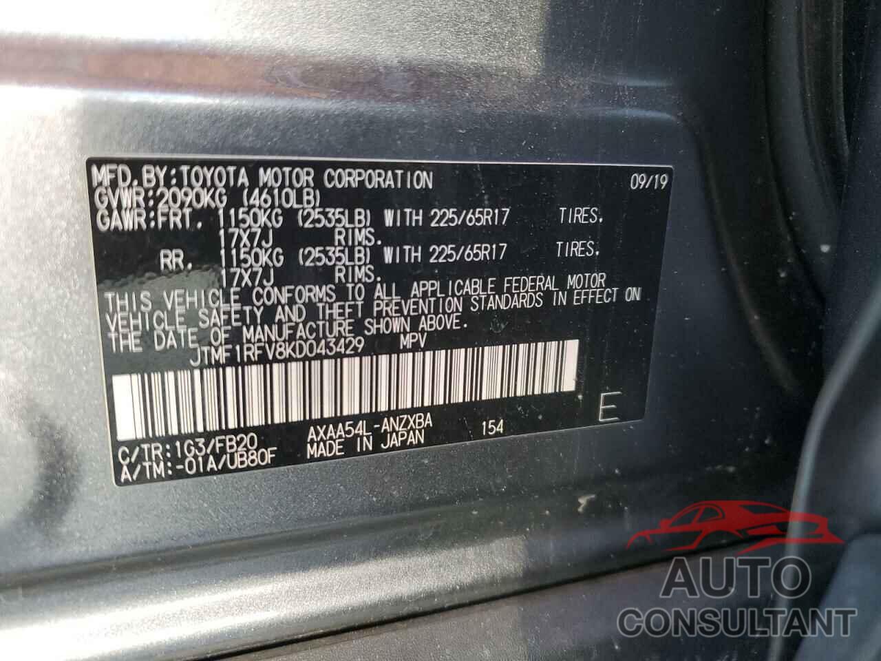 TOYOTA RAV4 2019 - JTMF1RFV8KD043429