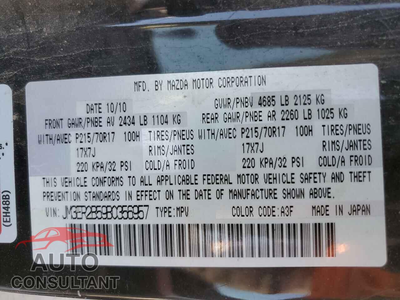 MAZDA CX-7 2011 - JM3ER2B59B0356957