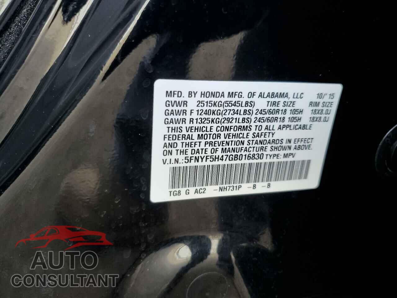 HONDA PILOT 2016 - 5FNYF5H47GB016830