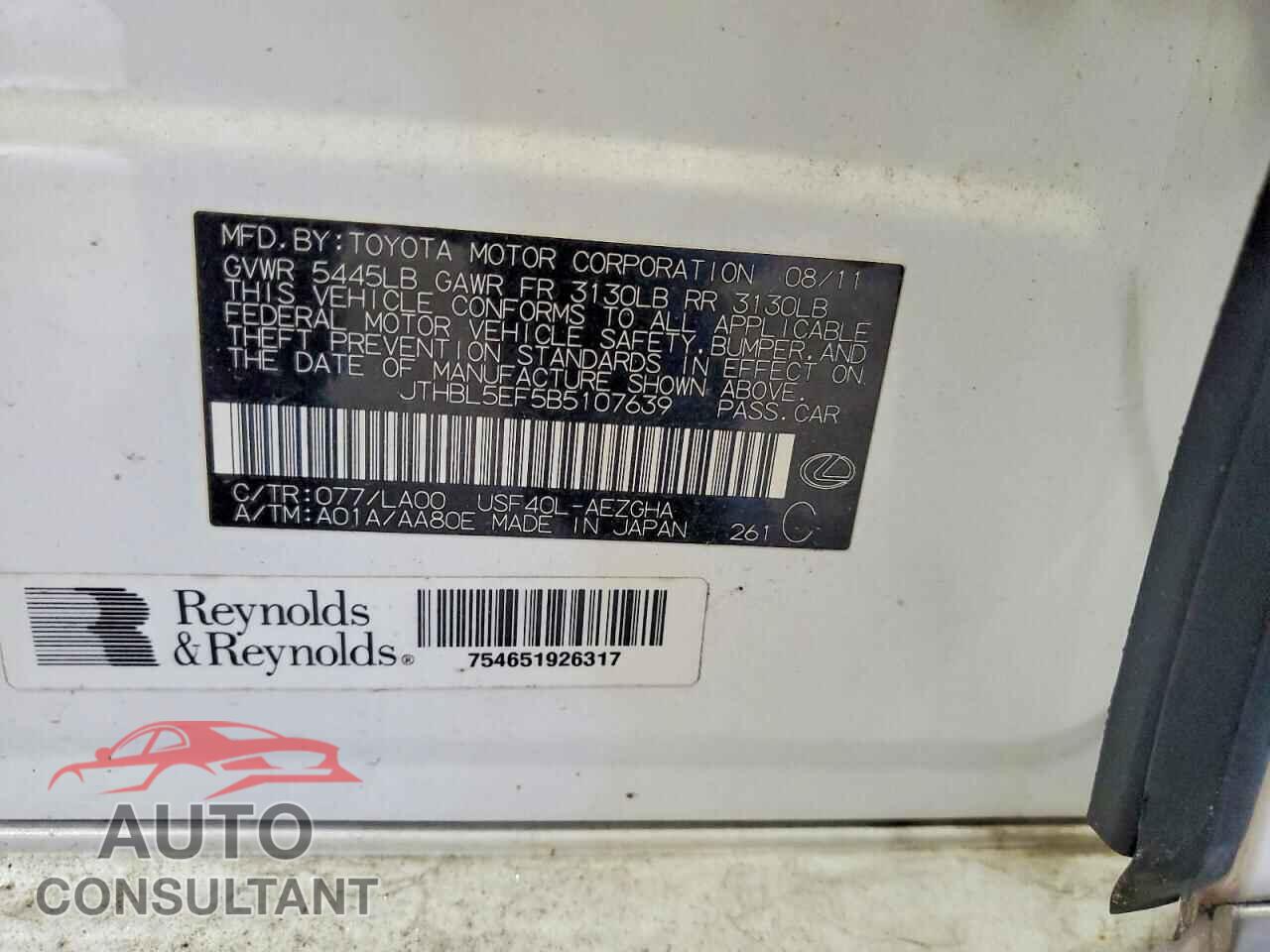 LEXUS LS500 2011 - JTHBL5EF5B5107639