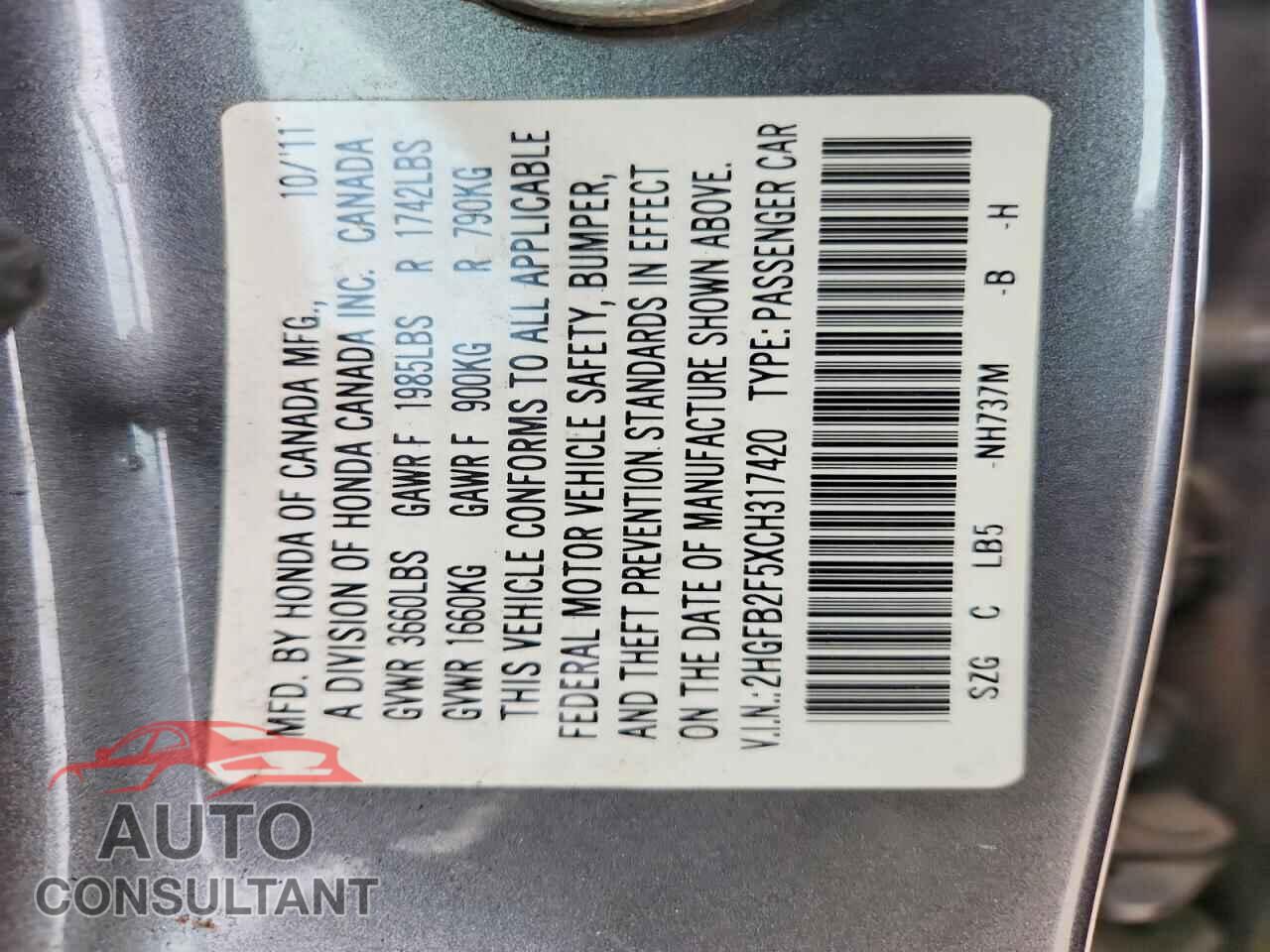 HONDA CIVIC 2012 - 2HGFB2F5XCH317420