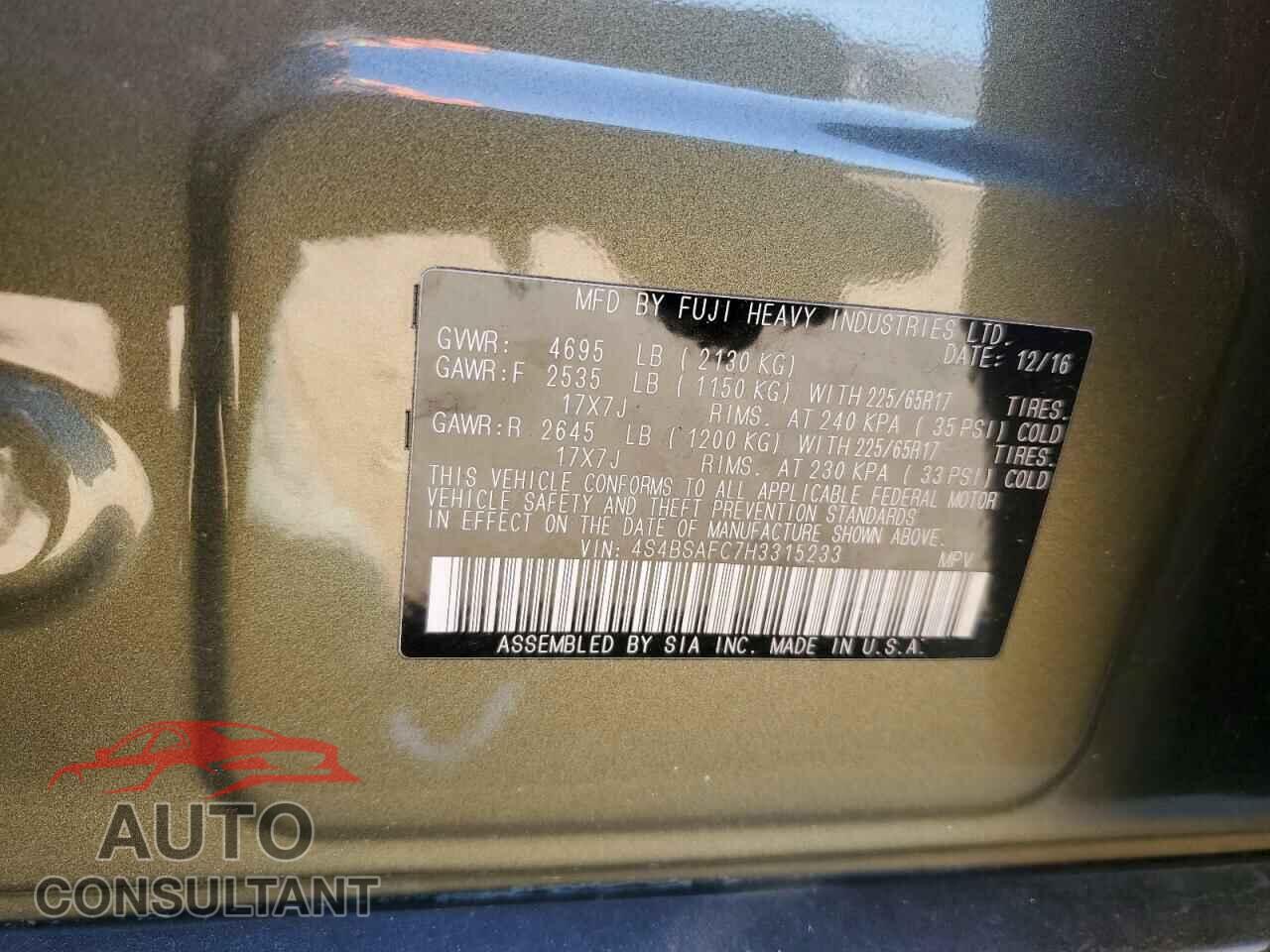 SUBARU OUTBACK 2017 - 4S4BSAFC7H3315233
