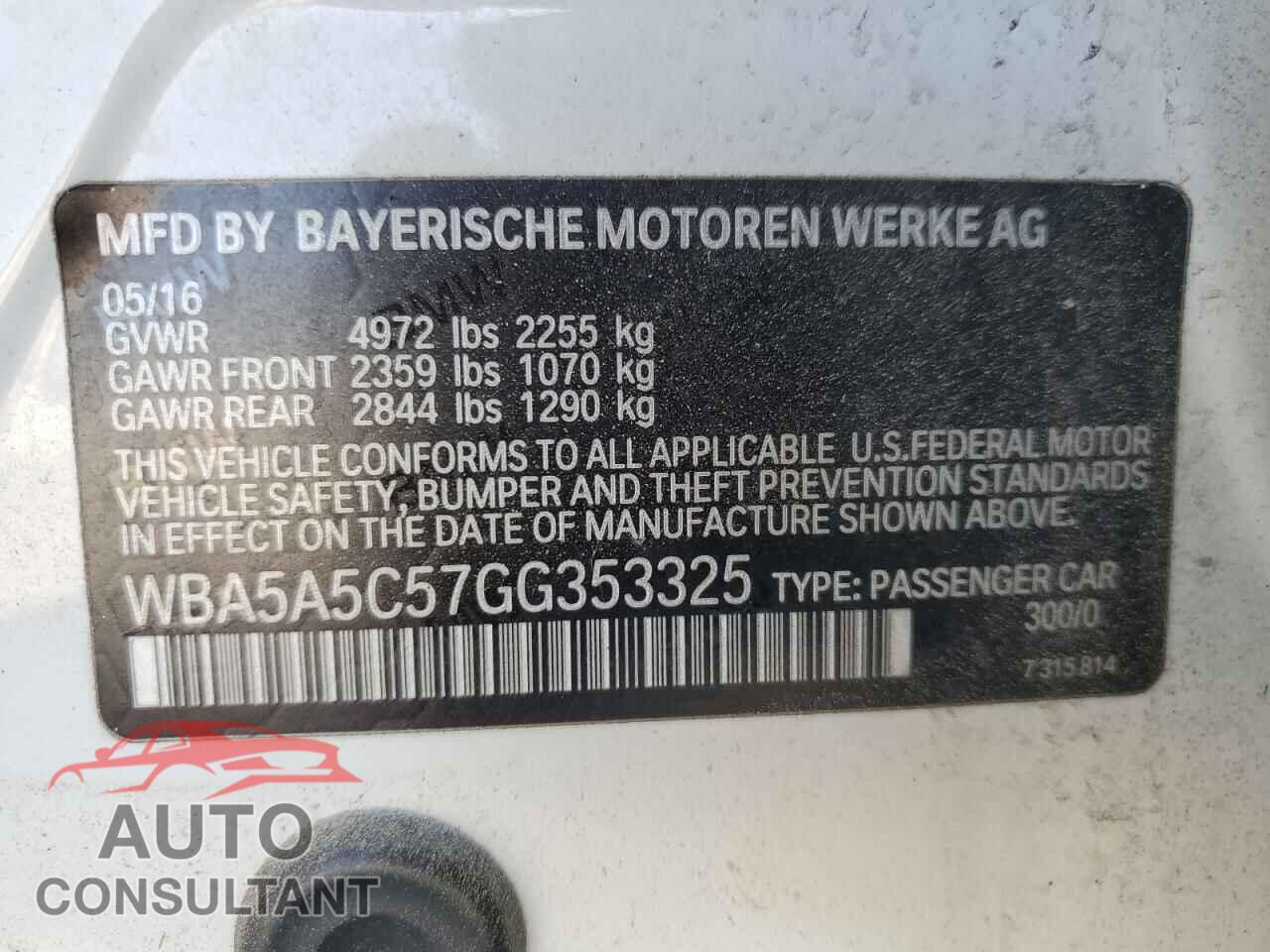BMW 5 SERIES 2016 - WBA5A5C57GG353325