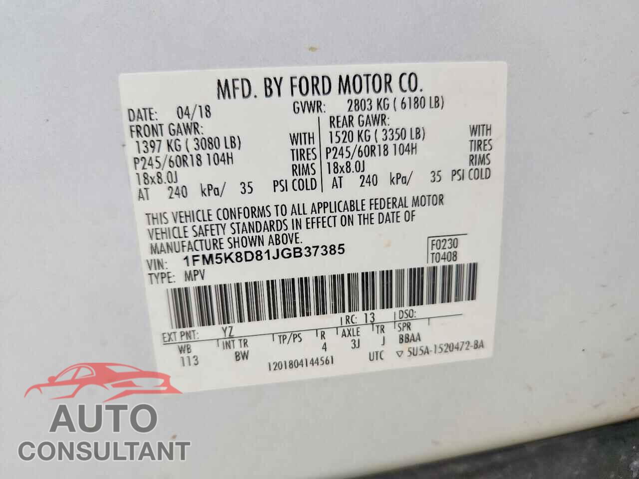 FORD EXPLORER 2018 - 1FM5K8D81JGB37385