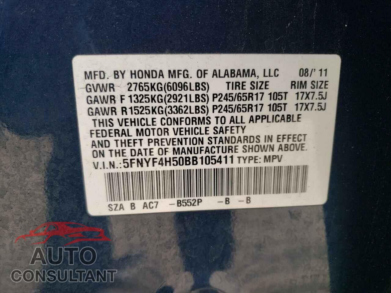 HONDA PILOT 2011 - 5FNYF4H50BB105411
