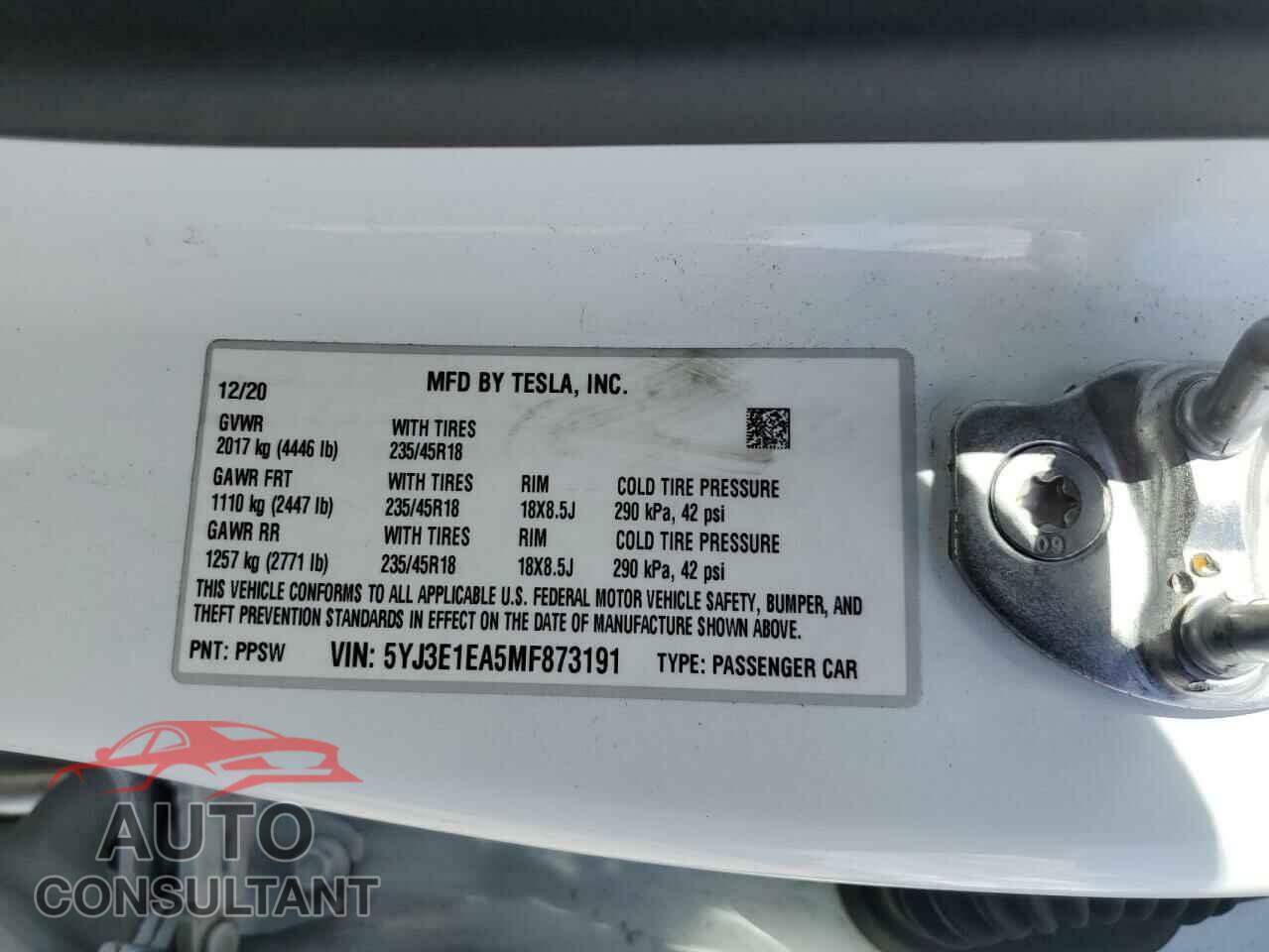 TESLA MODEL 3 2021 - 5YJ3E1EA5MF873191