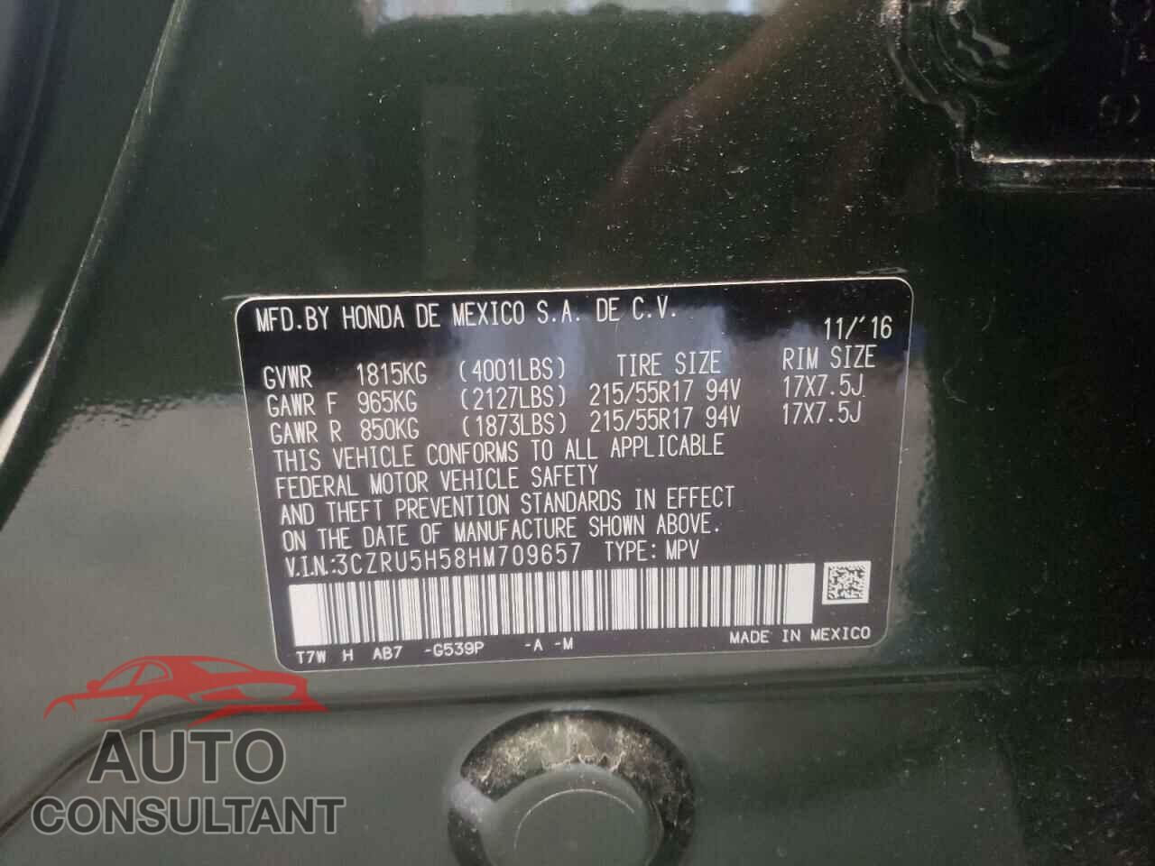 HONDA HR-V 2017 - 3CZRU5H58HM709657